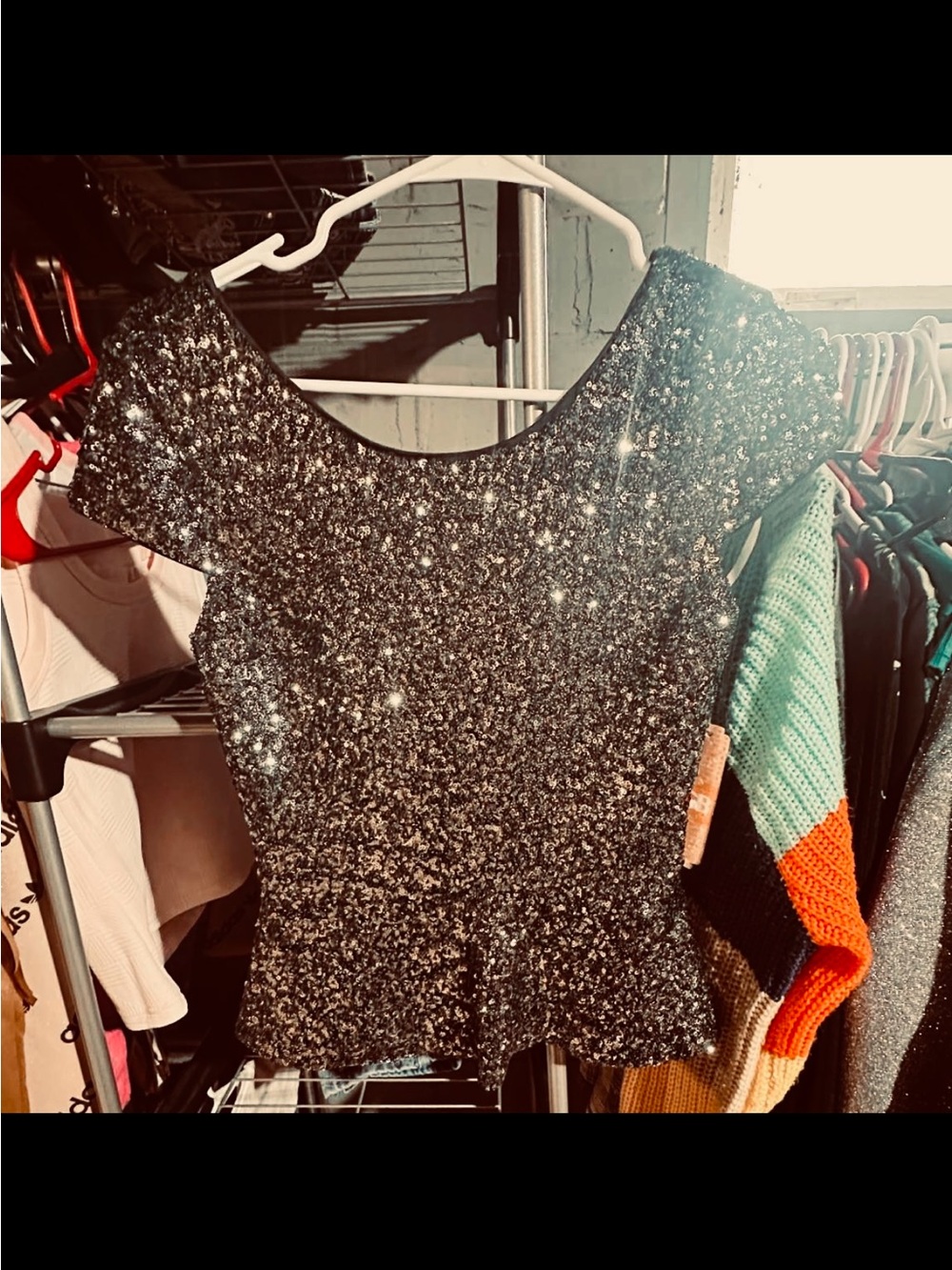 Gianni Bini Black Sequin Peplum Crop Top